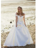 Off Shoulder Ivory Satin Wedding Dress With Beaded Belt